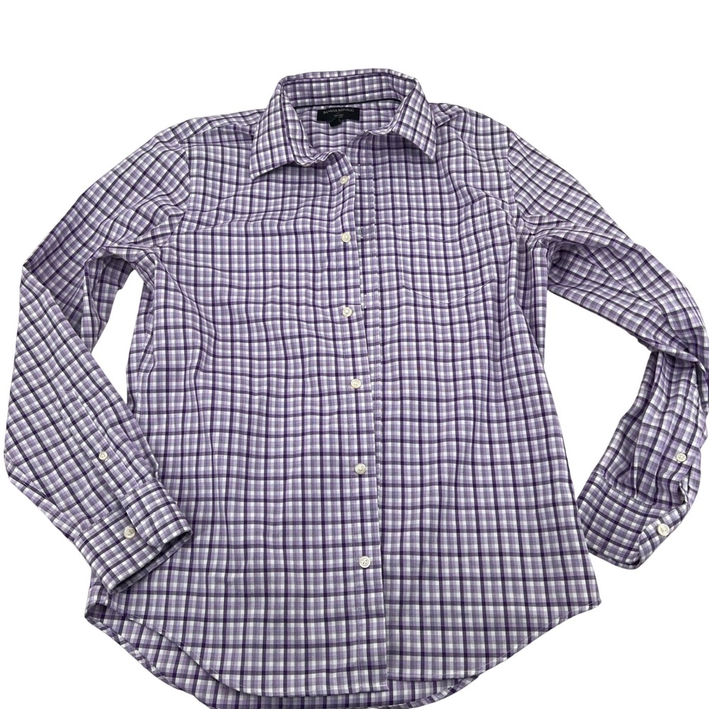 Banana Republic Non Iron Slim Fit Plaid Dress Shirt Mens Medium Purple White